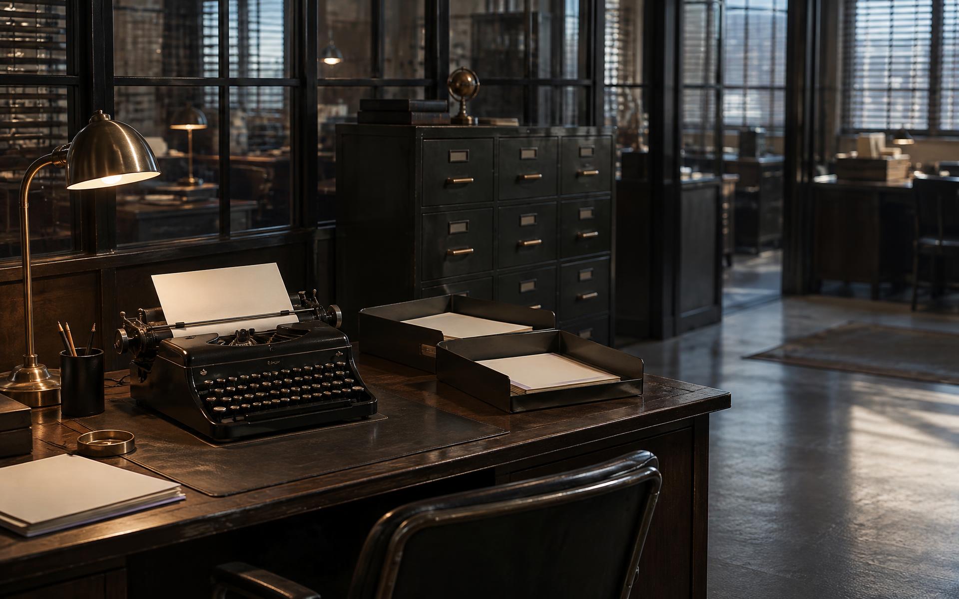 A period operations desk where blank documents move from a typewriter into organized trays and filing drawers