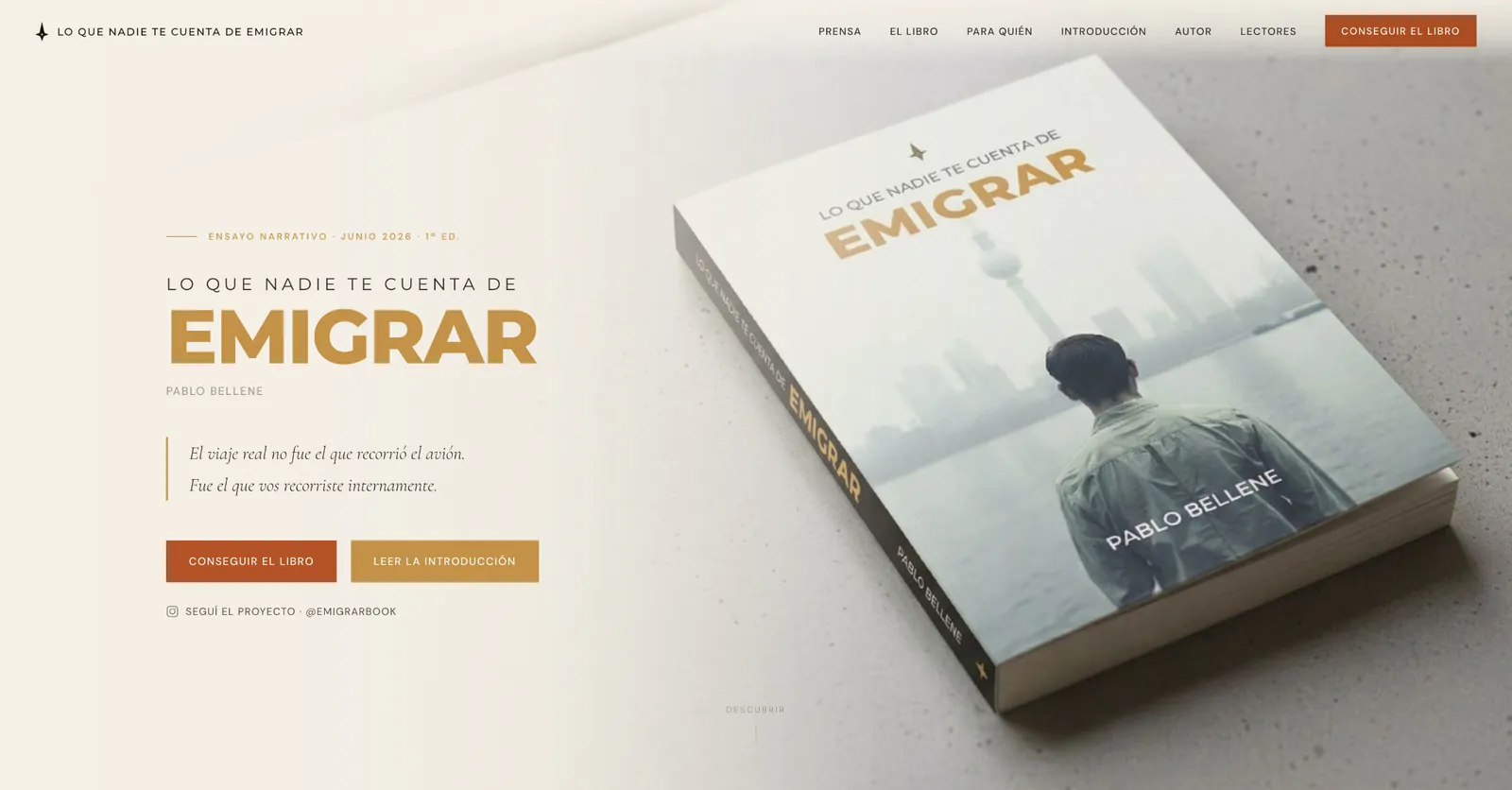 The published book photographed on a concrete surface beside the purchase page of its website, which carries the title, the author and two buying actions.