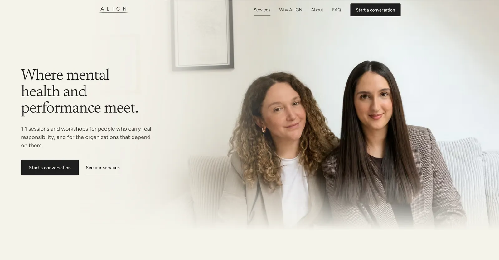 The ALIGN home page: the wordmark, a serif headline reading “Where mental health and performance meet.”, a line describing one-to-one sessions and workshops, two actions, and a photograph of the two psychologists.